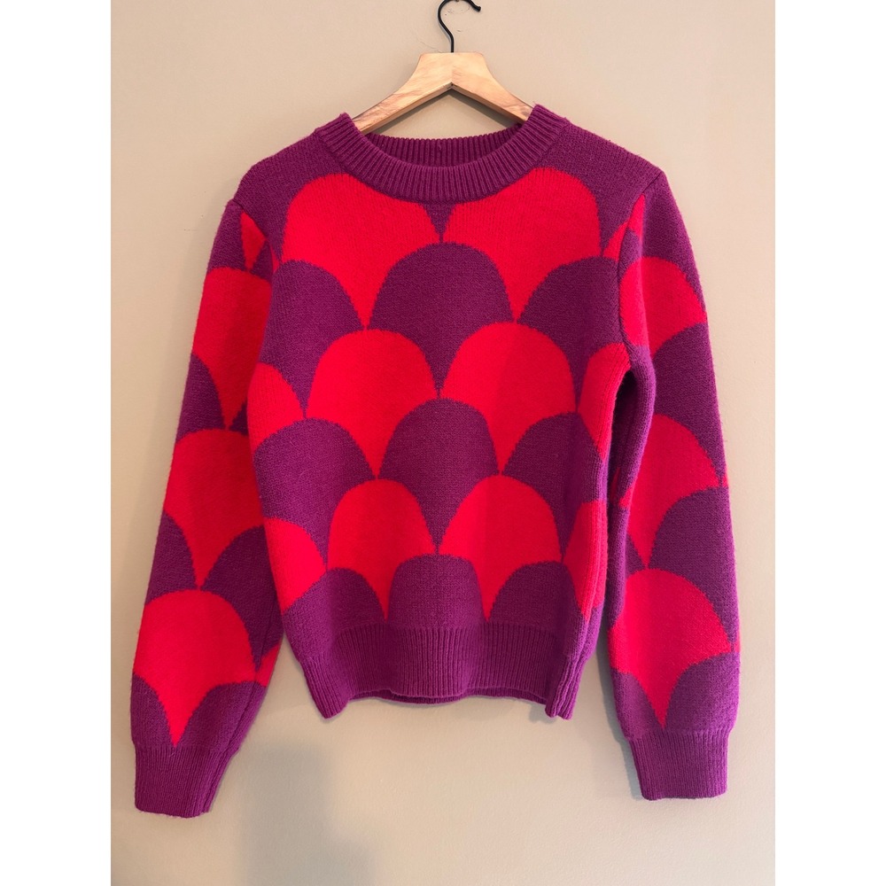 &merci Womens Large Purple Red Scallop Intarsia Knit Crew‎ Neck Sweater